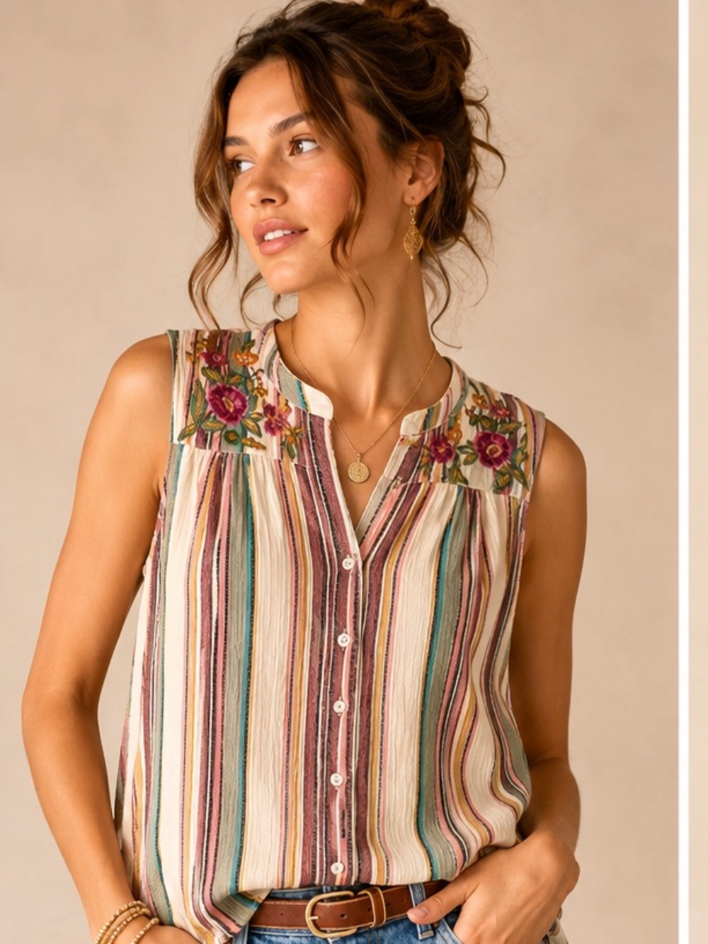 April Cornell 100% Cotton Striped Floral Embroidered Button Down Sleeveless